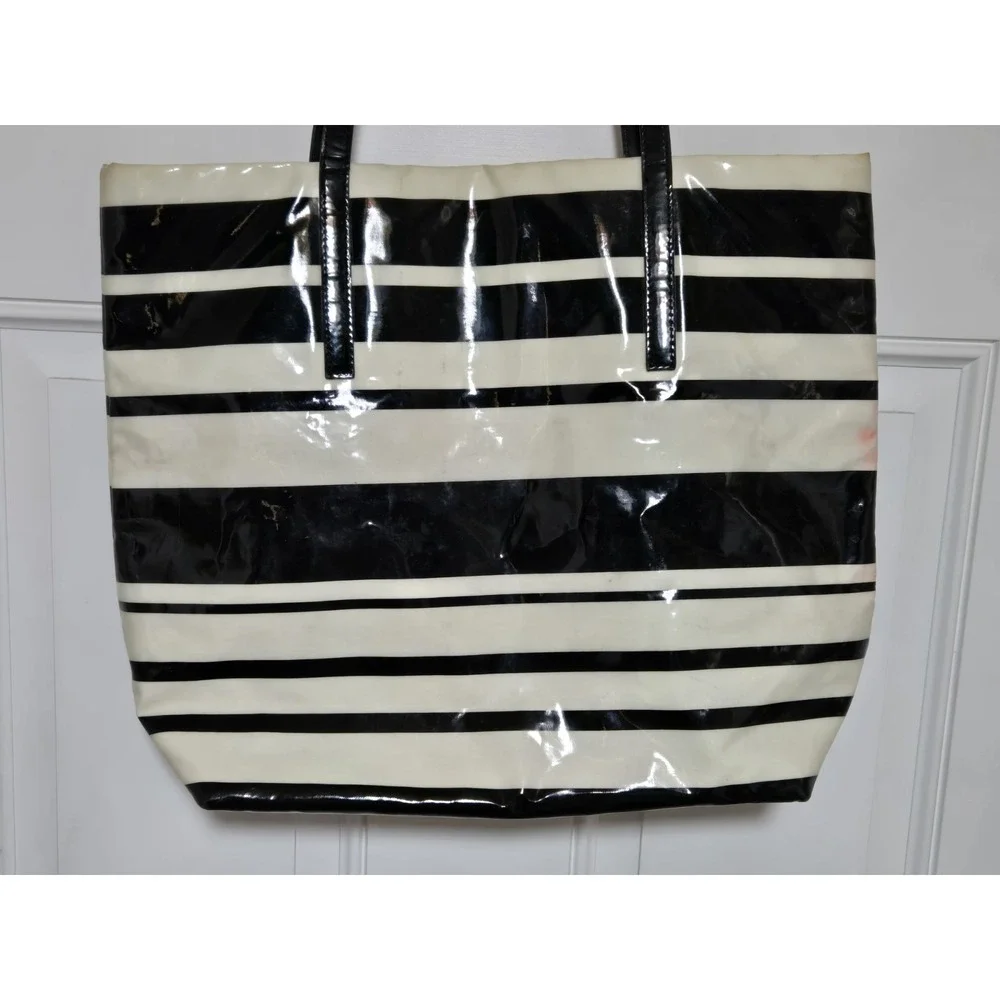 Kate Spade New‎ York Vinyl Tote Bag Black White Stripes Needs Cleaned Read!